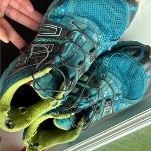 Salomon Blue and Green Athletic Shoes with Quick-Lace System